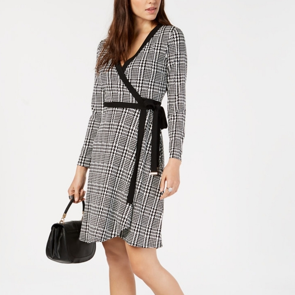 Tommy Hilfiger Black and White Checkered Long Sleeve Dress